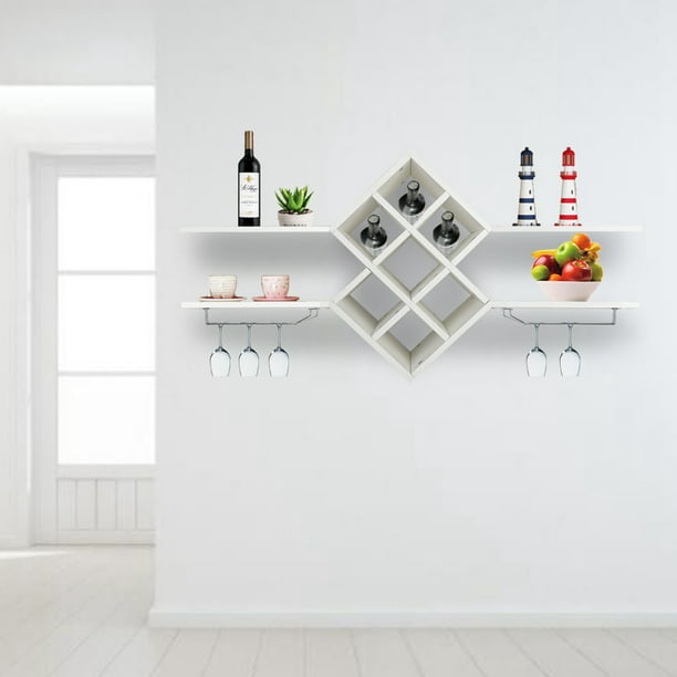 White Wall Mount Wine Rack Bottle Glass Holder 4 Shelves Bar Accessories Shelf 